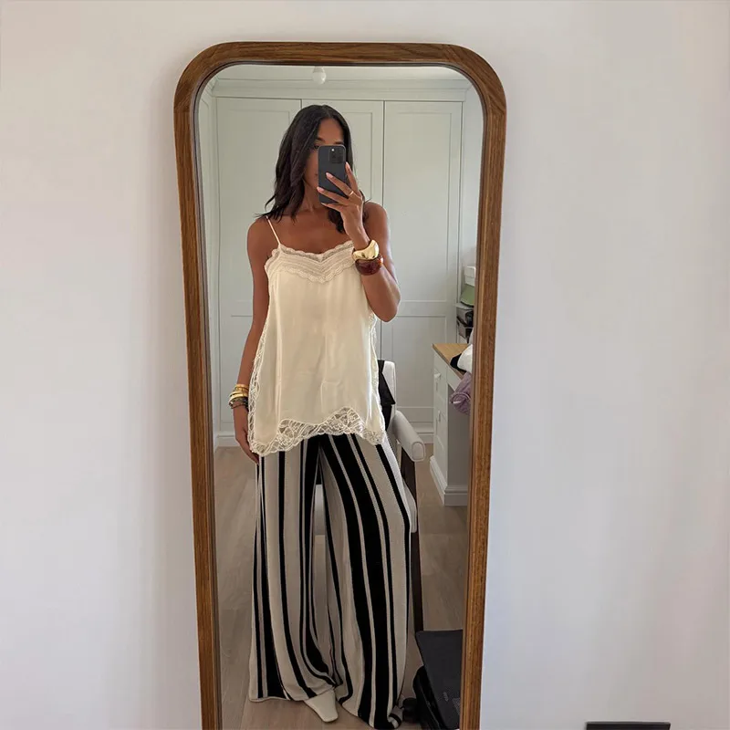 Hirigin النساء الدانتيل تقليم الساتان عالية منخفضة القمم الحرير السباغيتي حزام الجانب سبليت غير المتكافئة كامي الأعلى فلوي حريري طبقات القمم #6