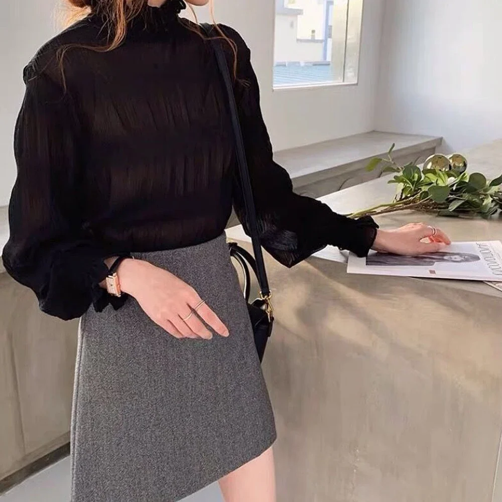 Women Sweet T Shirt Petal Collar Flare Sleeve Shirt M-2XL Cuties Girl Lace Long Sleeve Blouses Chiffon Shirt Clothes A RAN A YUE