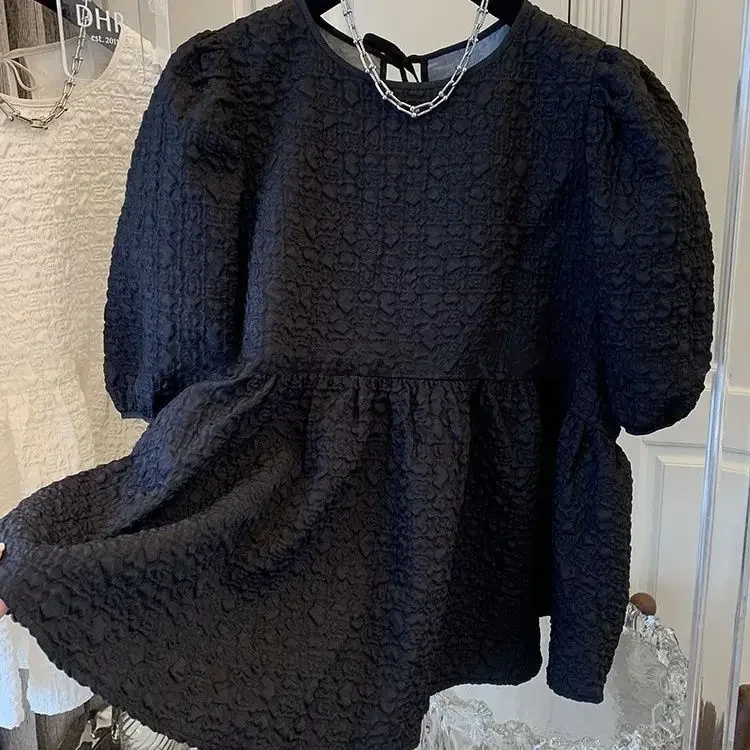 Solid Summer Women Blouses Puff Sleeve Lace Up Kawaii Clothes Shirts Vintage Loose Sweet Blusas Mujer Tops Korean