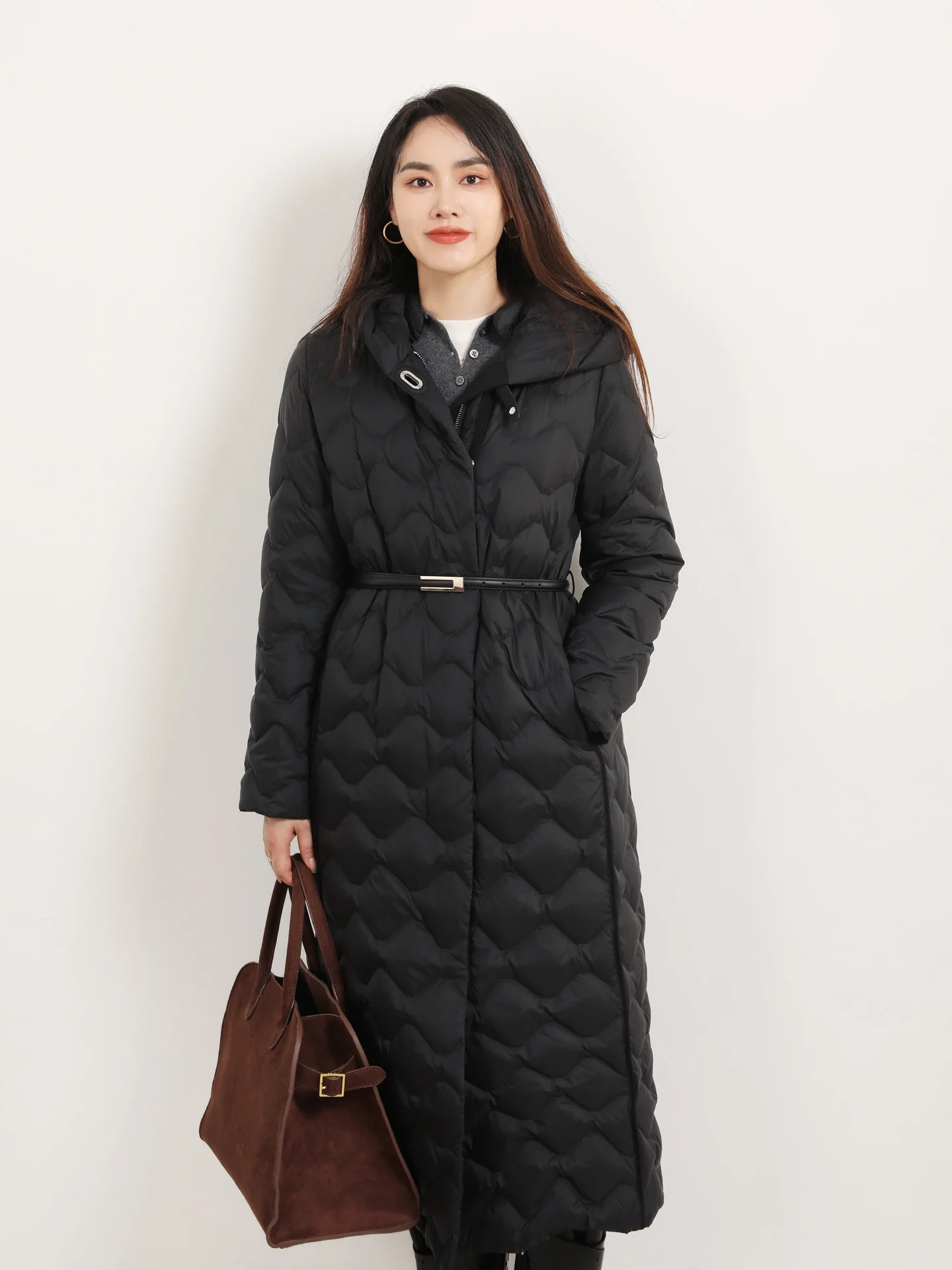 

High-End Quali Long Over-Knee Goose down Jaet Slimming Warmth Hooded Women's Outerwear Commute Sle Korean Version