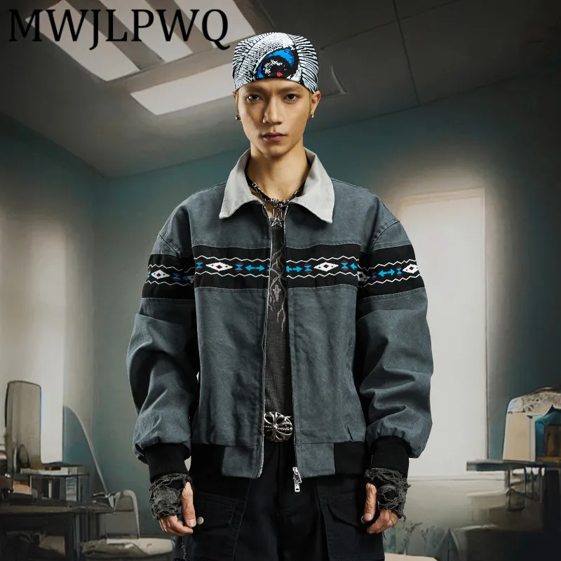 

MWJLPWQ Embroidery New Style Patchwork Turn-Down Collar Short Zipper Jacket For Men High Street Contrast Color Unisex Tops 12593