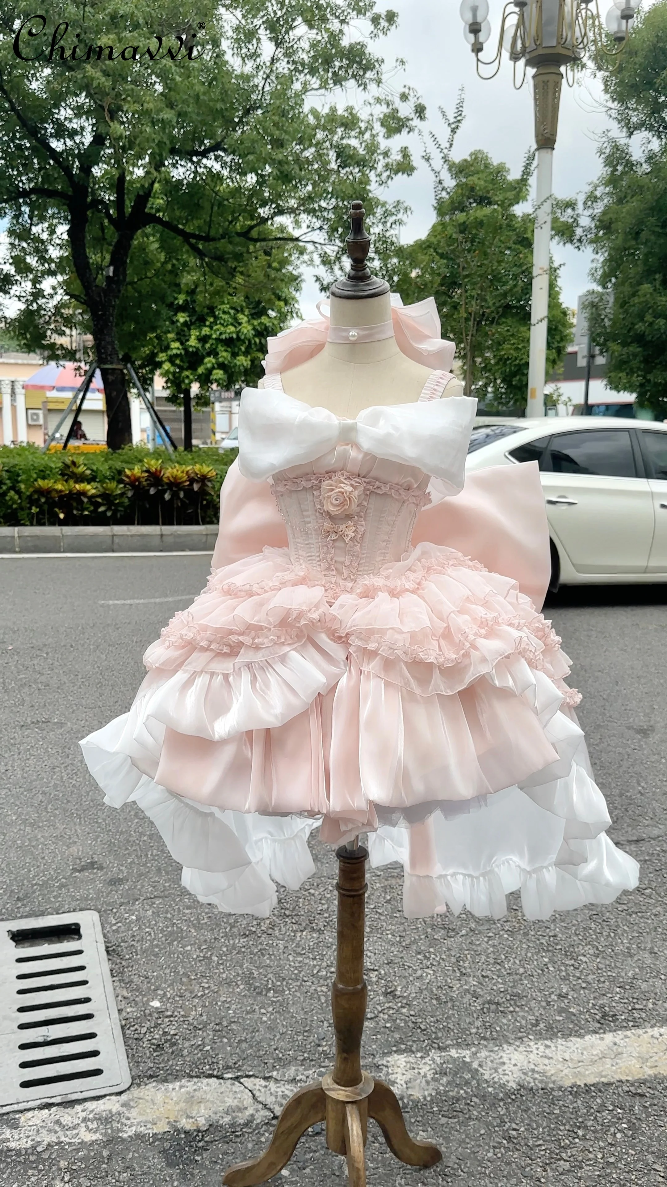 Elegant Princess Lolita Dress French Sweet and Cute Pink Strapless Dress Women Summer Retro Three-Dimensional Flower Mini Dress