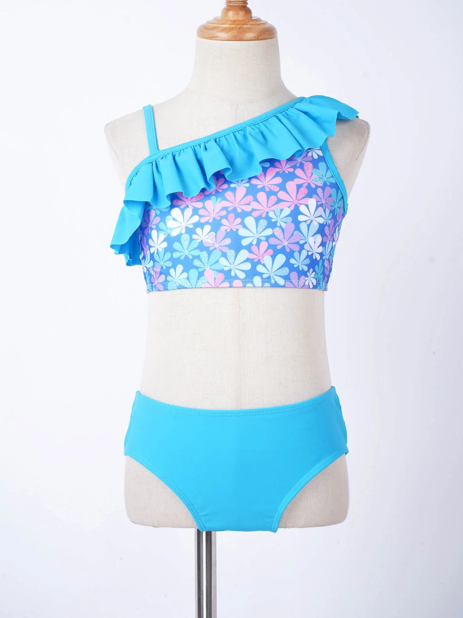 3Pcs Kids Girls Swimming Suit Floral Print Ruffle Trim Crop Top Vest+Skirt+Briefs Set for Beach Pool Swimming Bathing Suit