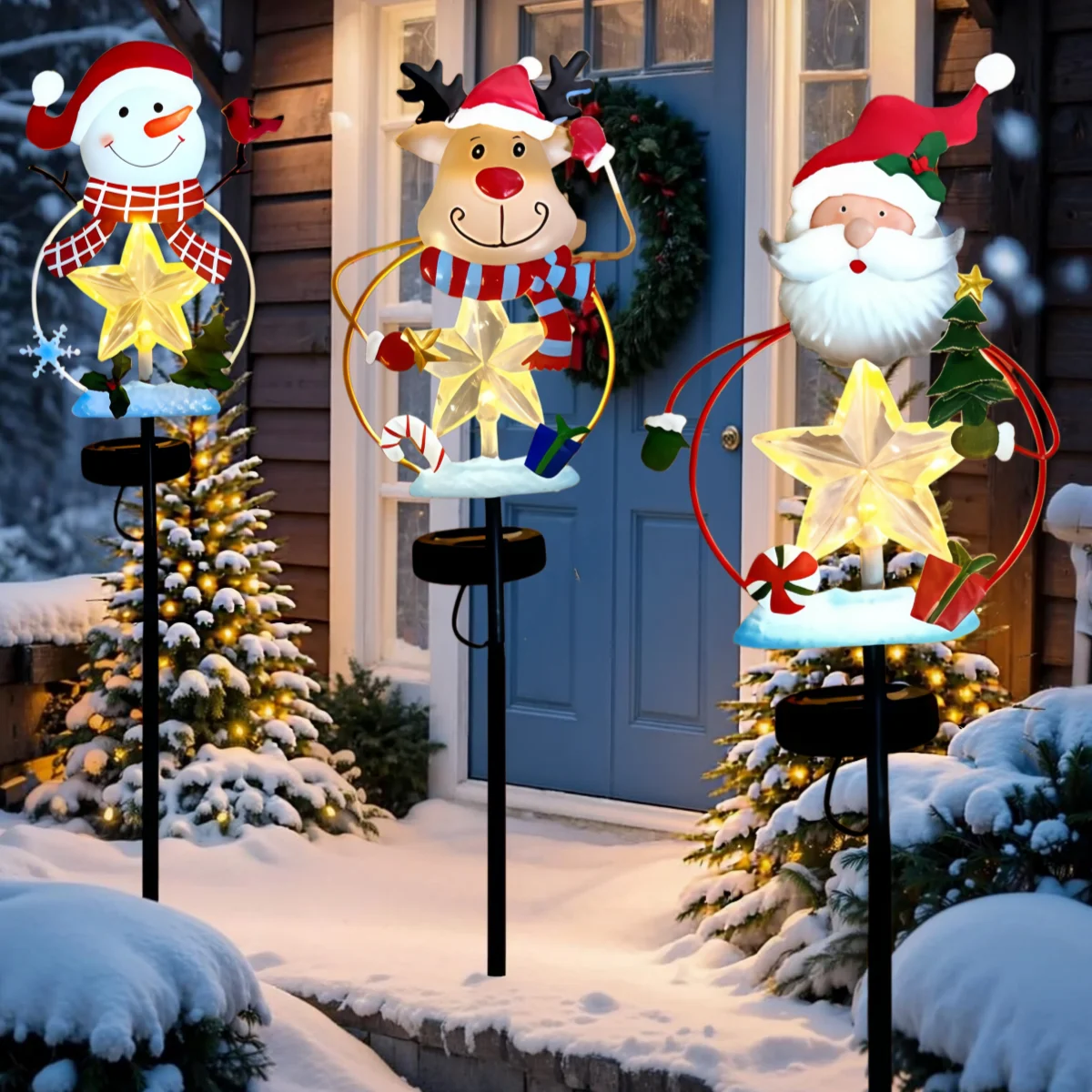Christmas Stake Decor, Outdoor Garden Solar Light Metal Snowman/Santa Claus/Reindeer Yard Stakes with Lights, Outdoor Solar Christmas, Snowman, Deer, and Lawn Decoration Lights, Christmas Lights for Home Lawn Pathway Holiday Winter Decoration
