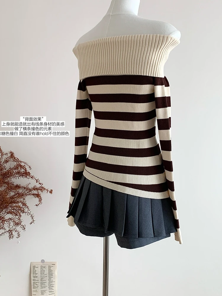 Winter Women Korean Fashion Pullovers Slash Neck Design Knitwear Gyaru Long Sleeve Coquette Striped Sweater Jumper 2000s Shoujo