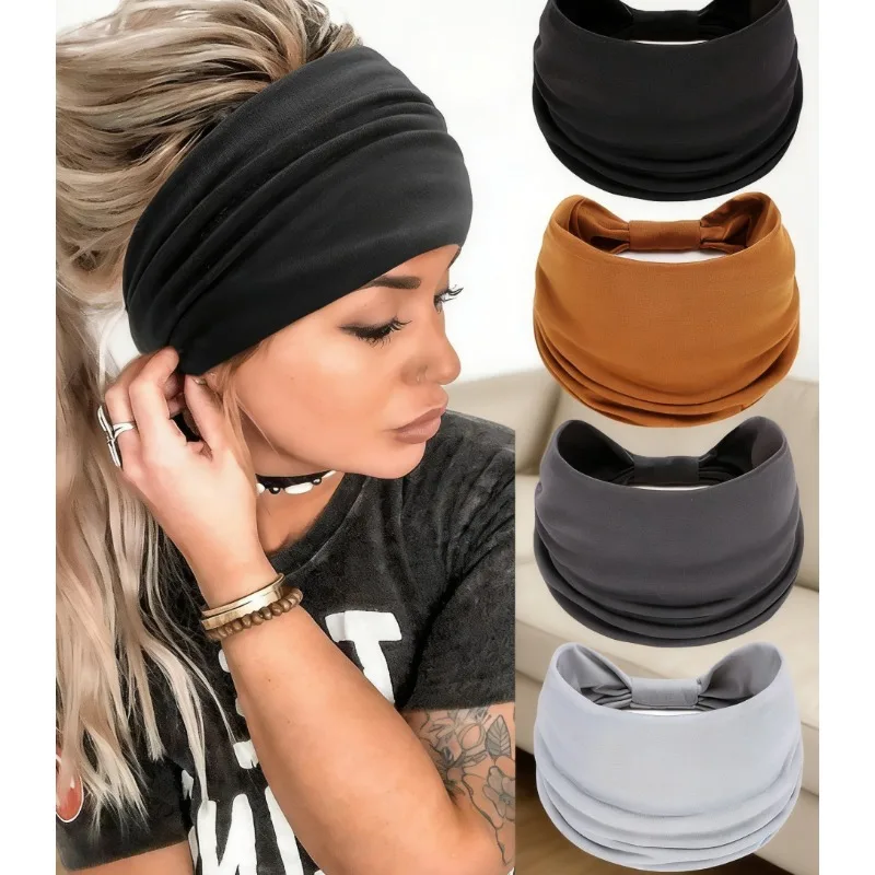 

New Boho Solid Color Wide Headbands Vintage Knot Elastic Turban Headwrap for Women Girls Cotton Soft Bandana Hair Accessories