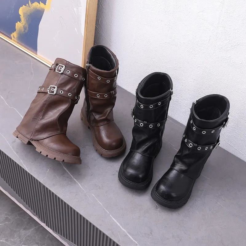 Children's Winter Boots for Girl Vintage Black Brown Kids Mid-calf Boots Warm Outdoor Toddlers Fashion Plush Boots Side Zipper