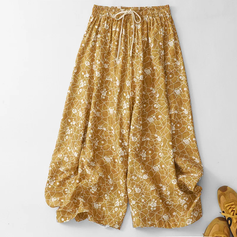 Women Print Wide Leg Pants Straight Trousers Full Lenth High Drawstring Waist Slight Strech Loose Office Lady Casual 2026 Summer