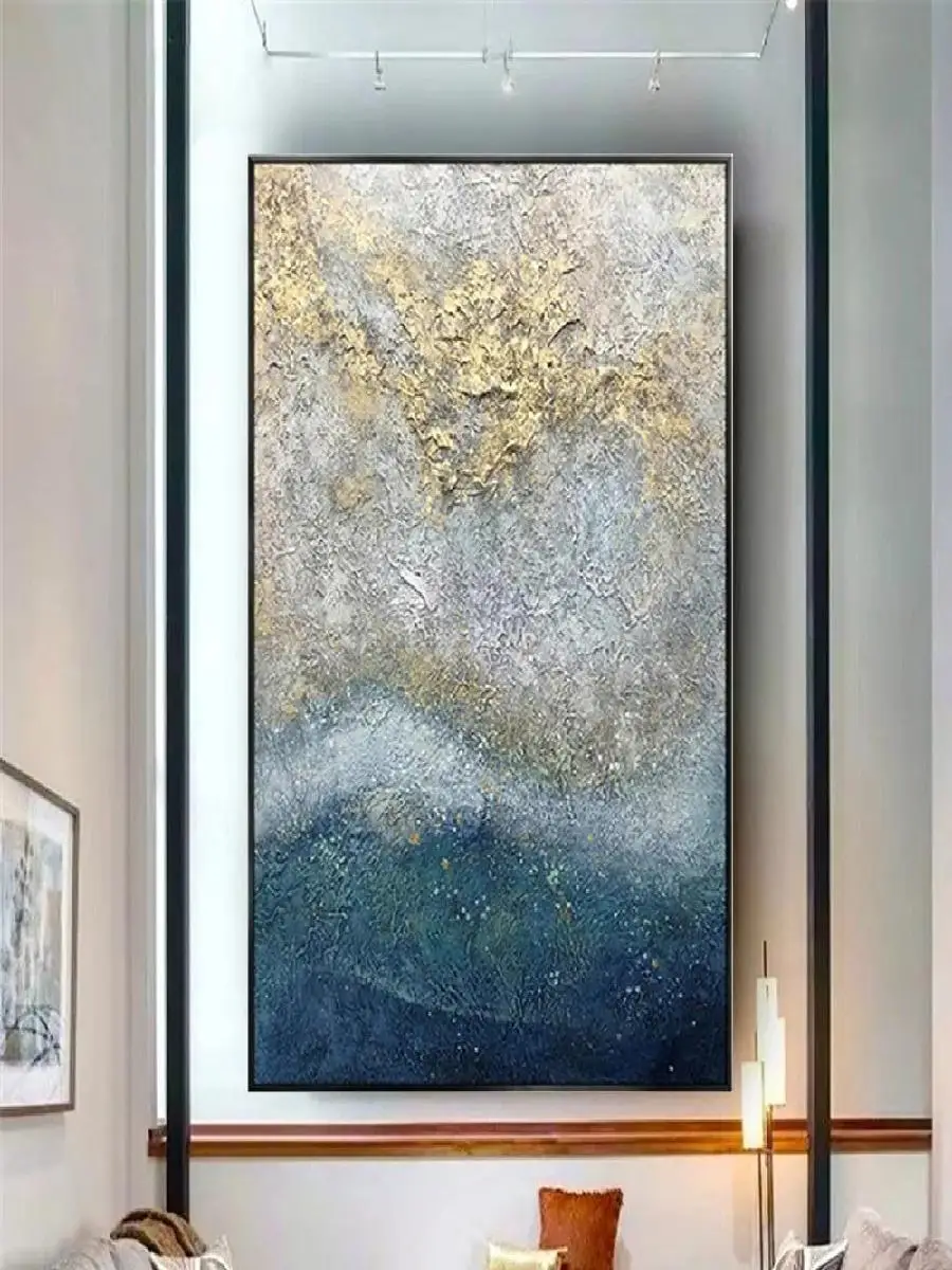 HandPainted Abstract Golden  Blue Thick Texture Oil Painting  Modern Canvas Wall Art for Living Room Decor  Poster  Print