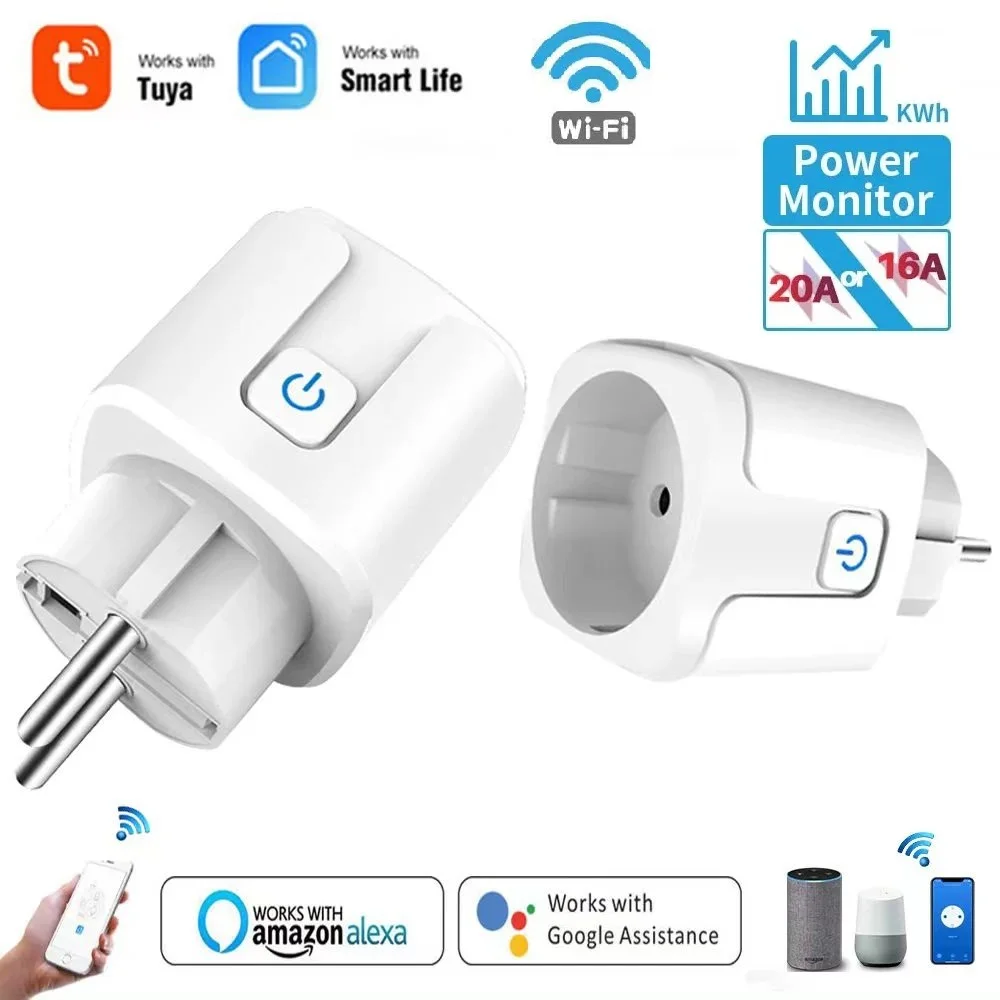 Works With Tuya APP 16A 20A EU Smart Socket WiFi Smart Plug Power Monitoring Timing Function Voice Control Alexa Google Home