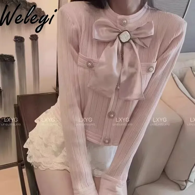 Temperament Big Bow Short Knitted Cardigan Female 2024 Spring and Autumn New Woman Slim Single-breasted Crew Neck Sweater Top