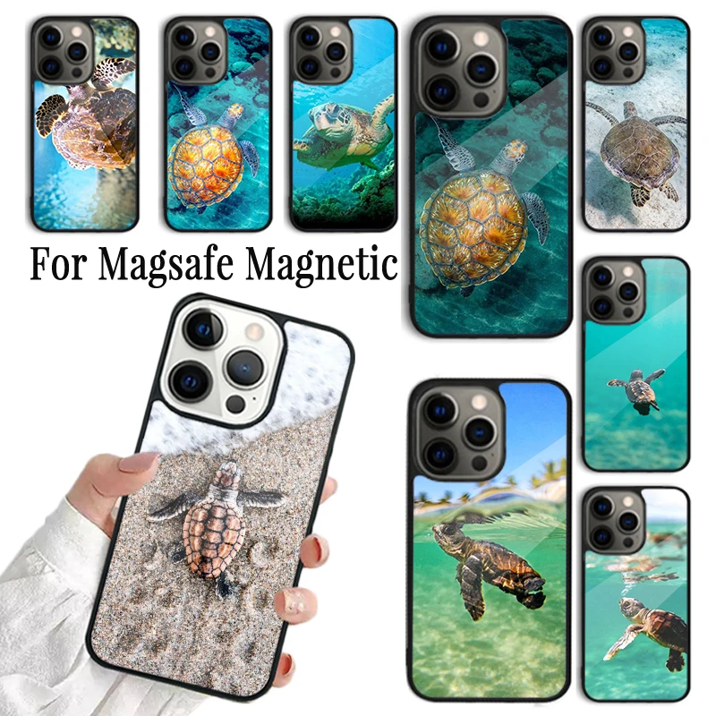 Phone Case For iPhone 16 15 14 13 12 11 Pro Max Plus Magsafe Magnetic Wireless Charging Cover Swimming Freshwater Sea Turtles