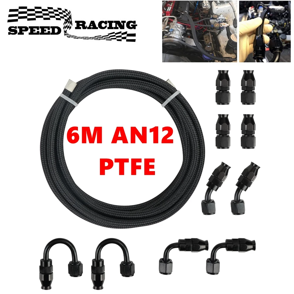 

6M AN12 PTFE Fuel Line Hose Kit, Nylon Braided Fuel Hose with 0+45+90+180 Degree Swivel Fuel Hose End Fitting Adapters Kit