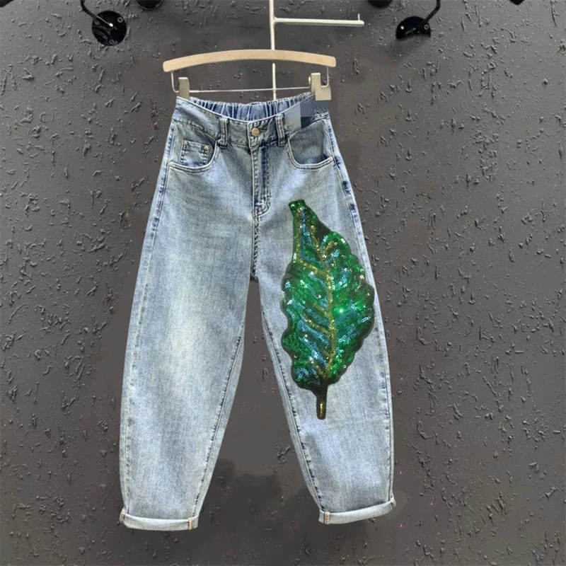 

Осенний новый стиль с бриллиантами, зеленые листья, уменьшение возраста, маленькие ноги, высокая талия, девять точек, эластичные свободные брюки-шаровары