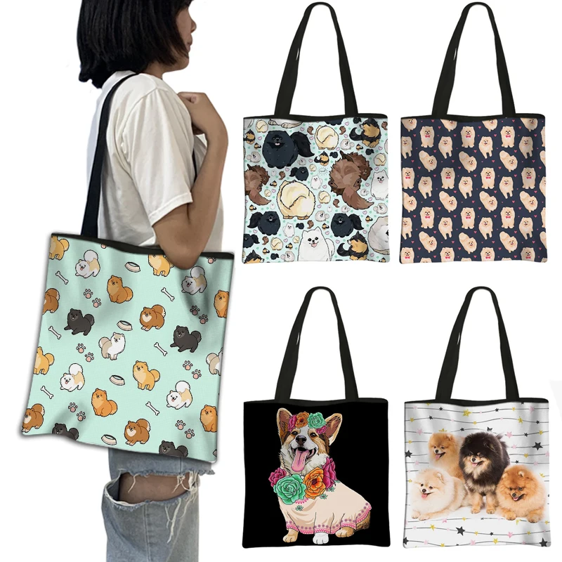 

Cute Pomeranian Dog Shopping Bag Canvas Shoulder Bags for Travel Women Totes Girls Handbag Large Capacity Beach Shopper Bags