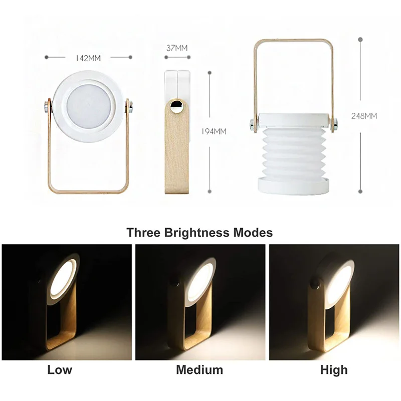 New Foldable Night Lights Wood Handle Reading Lantern Lamp Touch Control USB Charging Portable Telescopic Folding Led Table Lamp