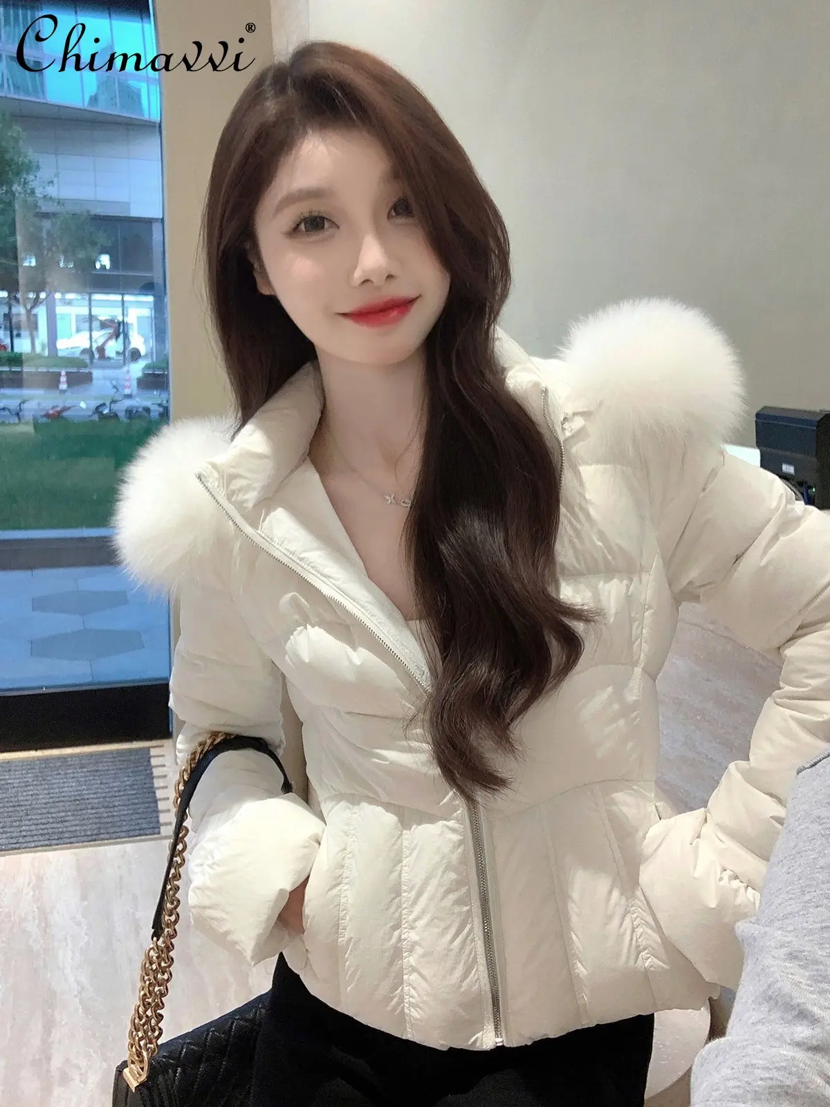 

Женский зимний пуховик с воротником из натурального лисьего меха, новое высококачественное модное облегающее короткое белое утиное пуховое пальто с длинными рукавами