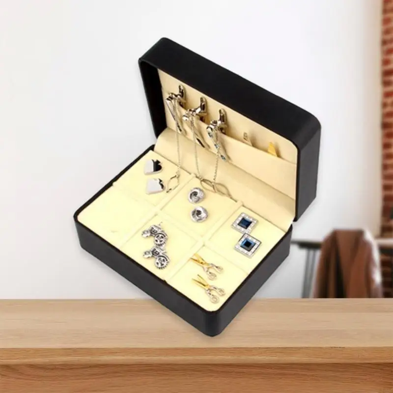 E0BE Black PU 6 Pairs Capacity Cufflink Holder Brooch Storage Box Jewelry