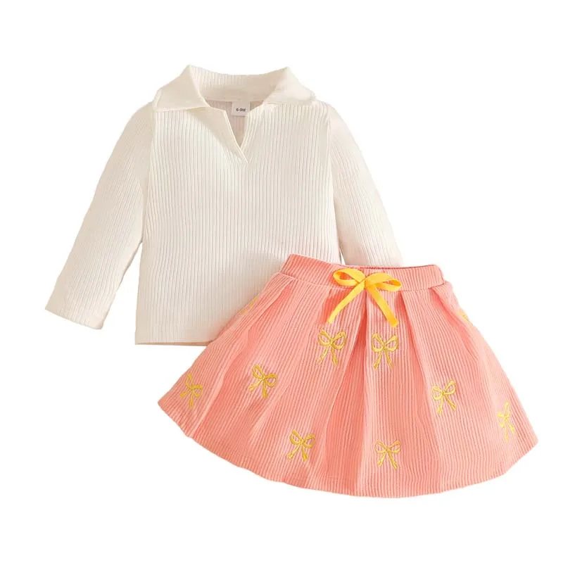 

Toddler Baby Girls Clothes 2Pcs/Sets Spring and Autumn White Long Sleeves Lapel Tops T-shirt + Pink Bow-Tie Embroidered Skirts