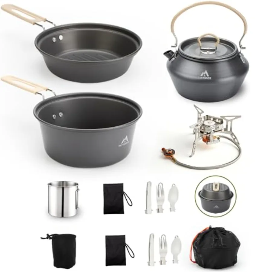 Camping cookware kit for hiking: stainless steel pot, pan, kettle, cups, plates, forks, knives, spoons in silver color with dur