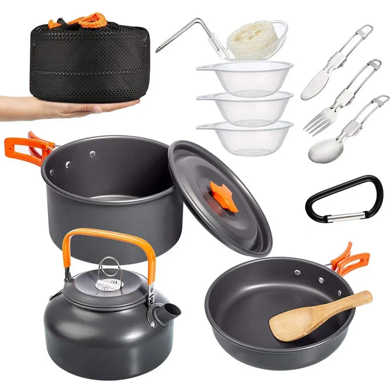 

Camping Cookware Kit Aluminum Cooking Set Water Kettle Pan Pot Travelling Hiking Picnic BBQ Tableware Equipment