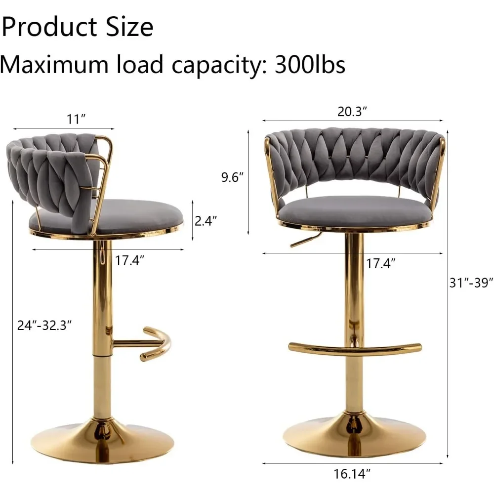Gold Velvet Bar Stools Set of 4, Counter Height Bar Stools with Low Back, Swivel Stool for Kitchen Island, Bar Pub (Grey) image 3