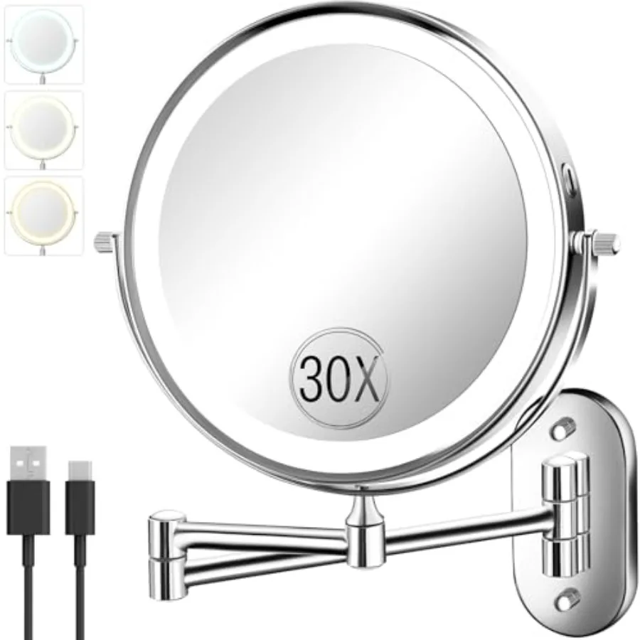 

30X/1X Wall Mounted Lighted Makeup Mirror 8'' Double Sided Rechargeable Magnifying Bathroom Mirror with Light 3 Color Lights To