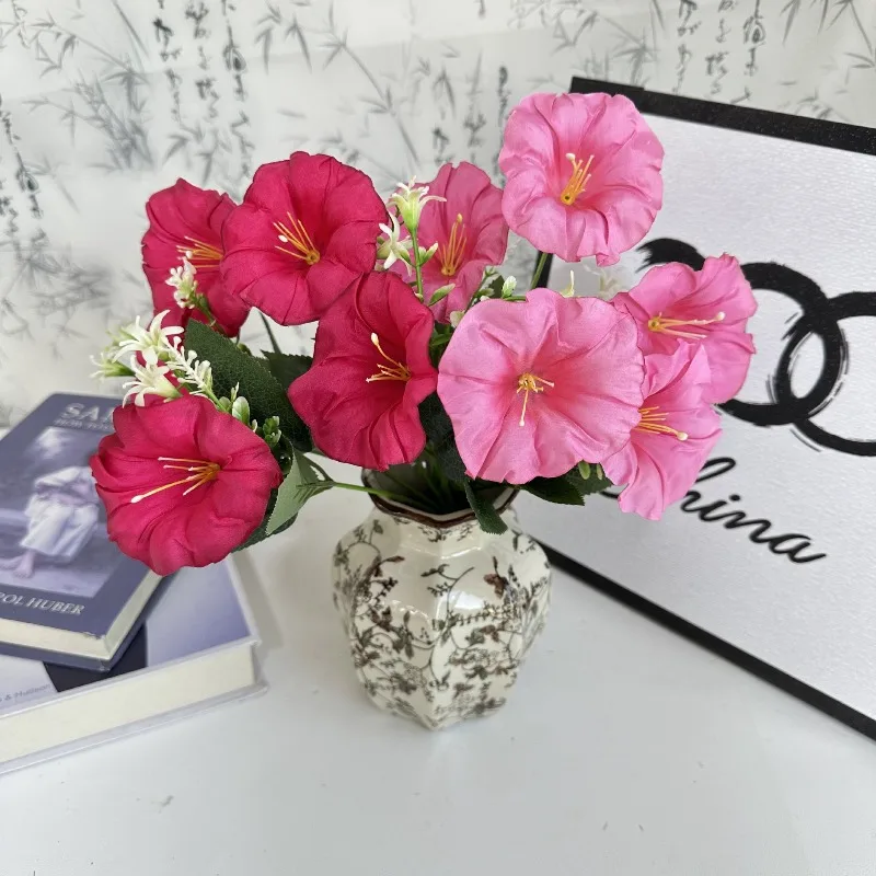 12 Stück künstliche 5-Köpfige Glorien-Blumensträuße, Seiden-Blumen, Fotografie-Simulation, Blaue Glorien-Blume, Heimdekoration – Detail 3