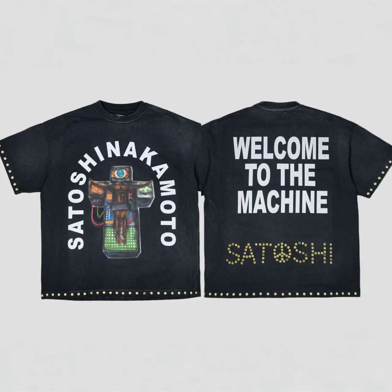 Satoshi Nakamoto 26SS Welcome To The Machine Studded T Shirt Men Women High Quality Washed Vintage Rivet Tee Tops T-Shirt