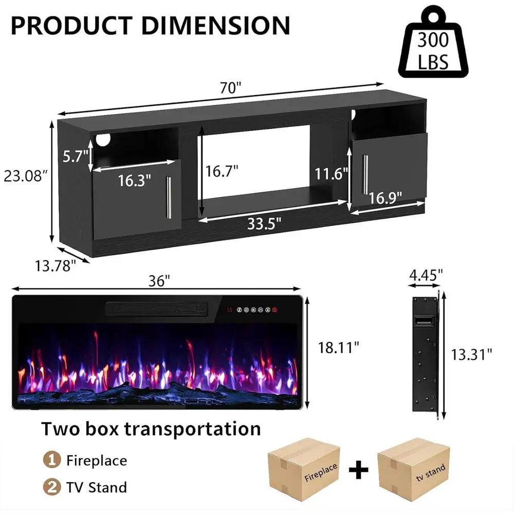 36 to 80 TV Stand with 70 LED Light Entertainment Center, Remote Control, Media Storage Cabinet for Living Room, Black view 2