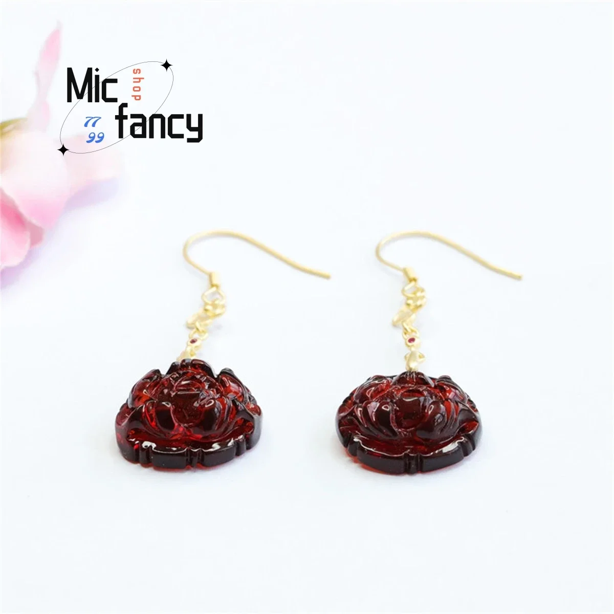 Natural S925 Silver Inlaid Blood Pool Water Purification Amber Peony Gold Auspicious Cloud Ear Hook Earrings Ethnic Style Women