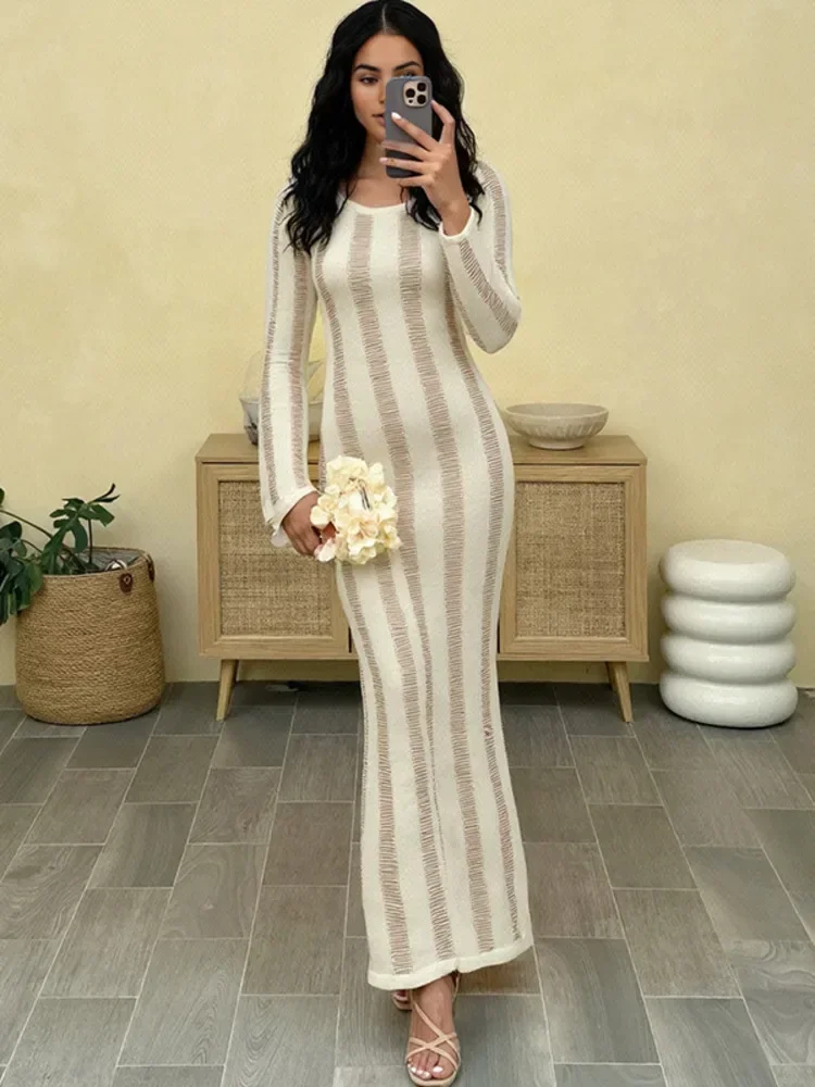Chaxiaoa-maxivestido Sexy de punto de manga larga con espalda descubierta para mujer, vestido largo elegante con agujeros para fiesta y discoteca