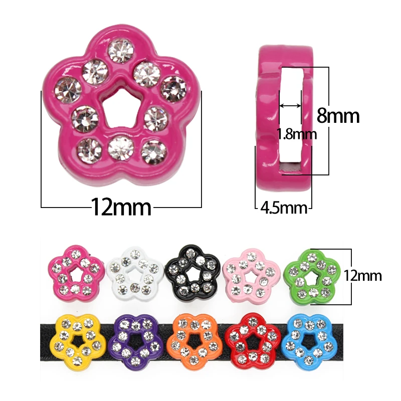 100pcs Painting Flower Zinc Alloy With Rhinestone DIY Accessories Slide Charms Internal 8mm Mixed Color Fit 8mm Belt Wristband