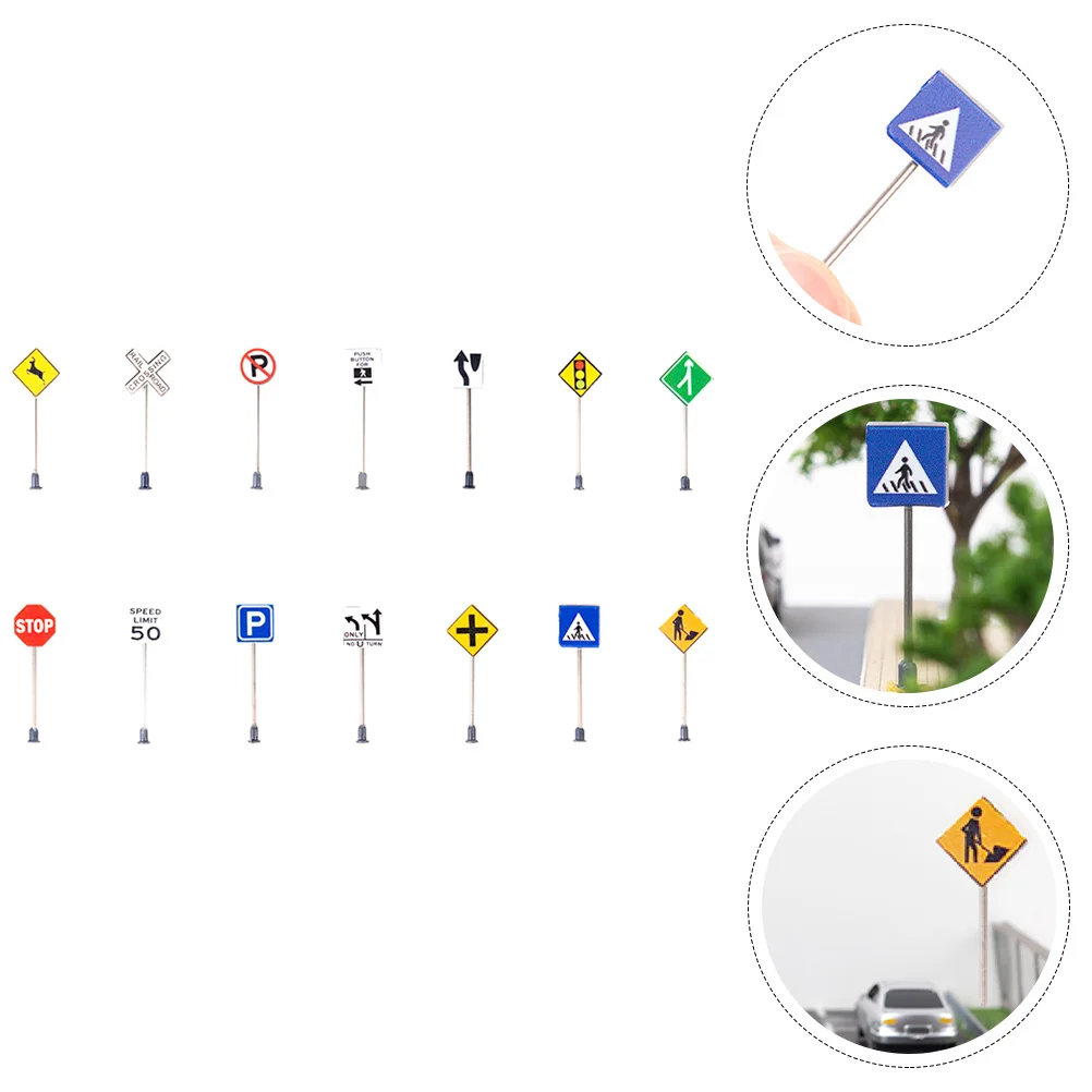 14 Pcs Micro Landscape Accessories DIY Traffic Sign Street Signs Road Indicator Model Sand Table ABS Plus Stainless Steel Child