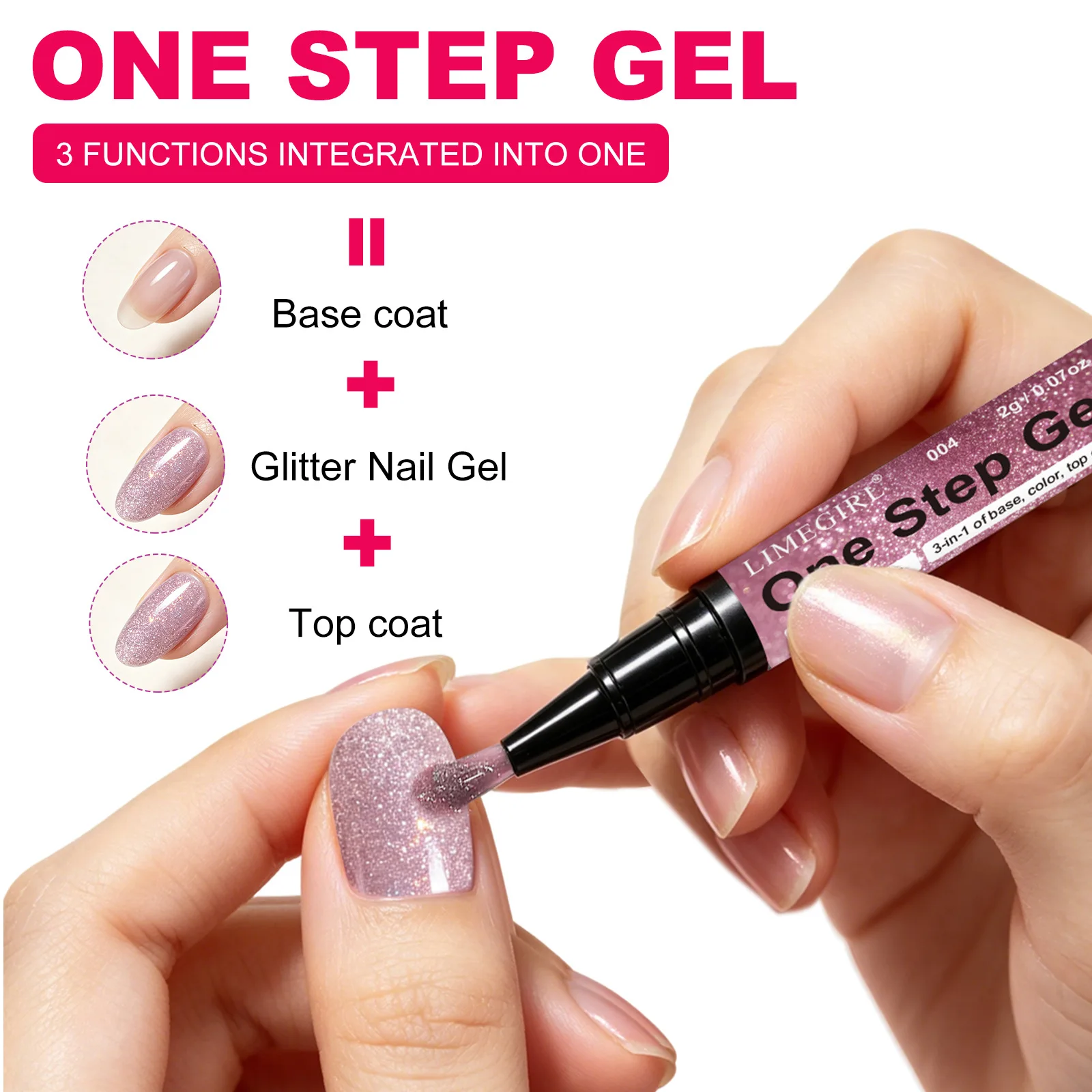 3 in 1 Pearlescent Gel Nail Polish Pen No Base Top Coat Needed Quick-Dry Long-Lasting UV LED Glitter Nail Gel Pen