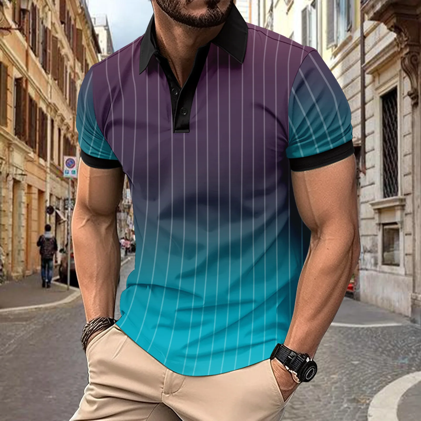 Summer 2024 casual POLO print striped lapel T-shirt for men