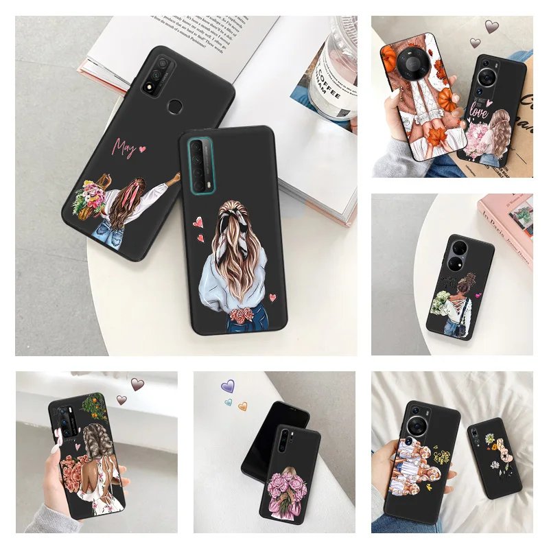 Phone Case for Huawei P30 P Smart P20 P40Lite Honor X7b X8b X9b Chrysanthemum Flower Girl Moto G30 G31 Soft Black Silicone Cover