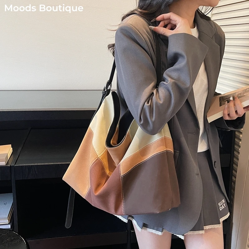 

Patchwork Design Shoulder Hobo Bags For Women Soft PU Leather Colorblock Large Capacity Shopper Totes 2026 Latest Luxury Handbag