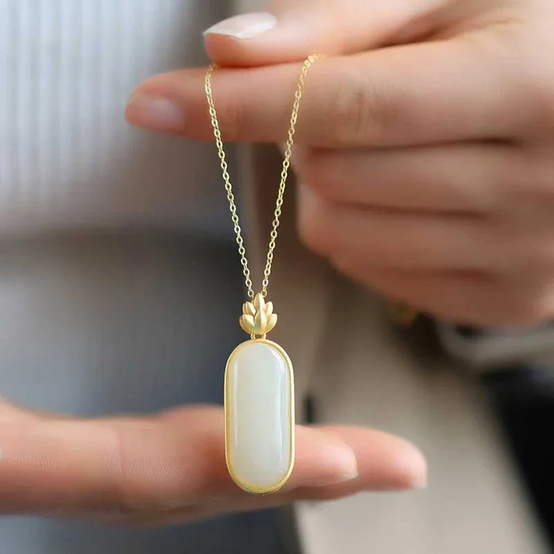 

New silver inlaid natural Hotan white Chalcedony long round Necklace Pendant Chinese charm Lady Elegant fresh brand jewelry