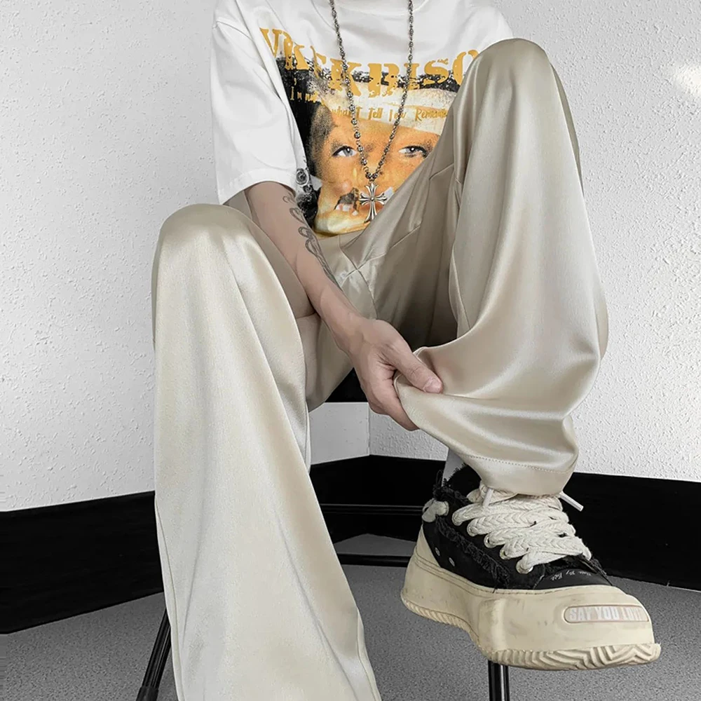 Fashion Suit Pants Men Solid Dress Pants Korean Loose Straight Ice Silk Casual Pants Unisex Ormal Satin Glossy Wide-Leg Trousers