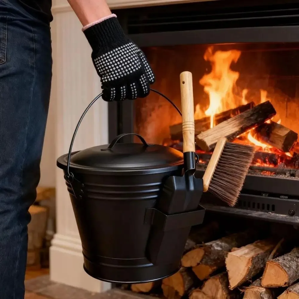 Ash Removal Fireplace Ash Bucket Heavy Duty Large Capacity Ash Shovel Brush Bucket Set Rust Resistant with Lid