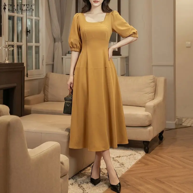 ZANZEA Elegant Square Neck Puff Sleeve Dresses Women Stylish Party Dress Collect Waist Solid Color Pleated Midi Sundress Vestido