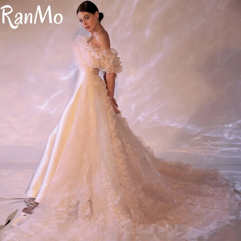 

Ranmo Customized Luxury Evening Dress Off Shoulder Cathedral Train Tulle Fold Perspective Hand Made Flower Pleat Beads Prom Gown
