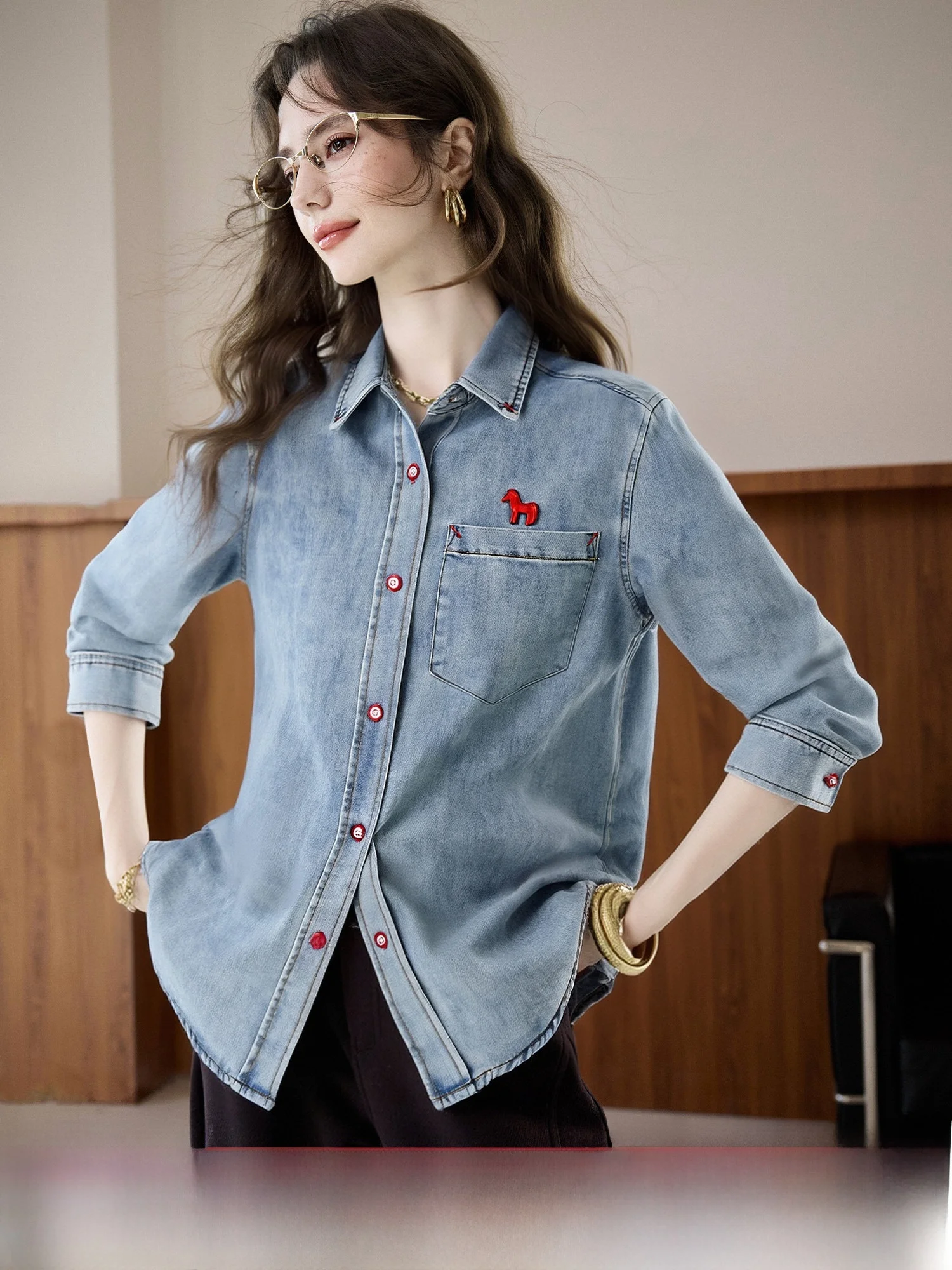 

Classic American Style Women's Long Sleeve Denim Shirt Resilient Long Fiber Cotton Spring Fashion Casual Loose Fit Top