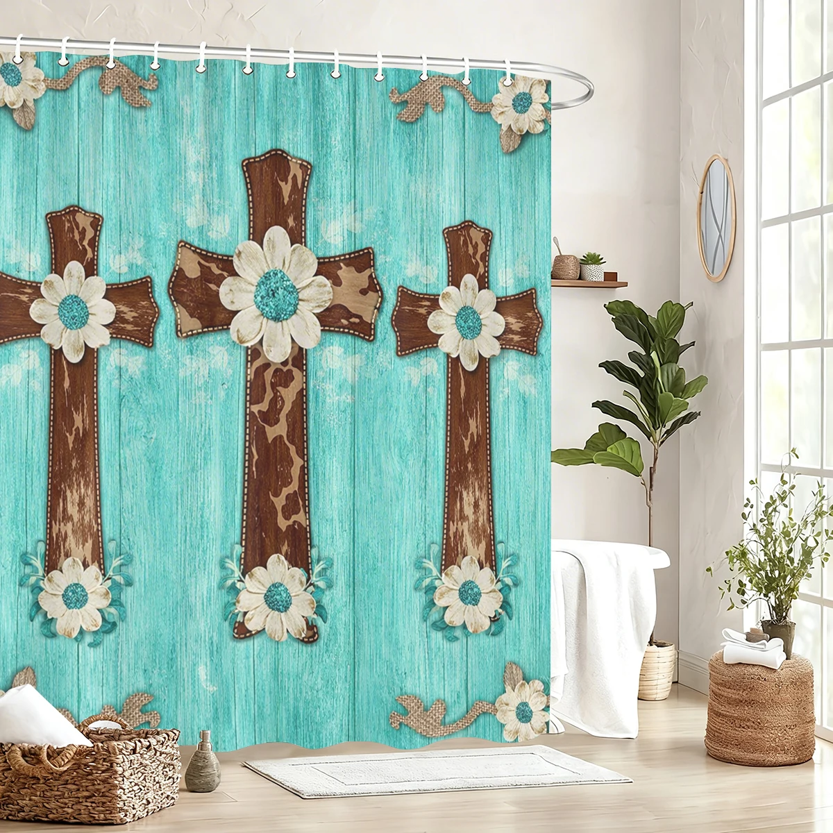 

Floral & Cross Themed Polyester Shower Curtain - Artistic Bathroom Decor, Stylized Bath Curtain for Home Restroom