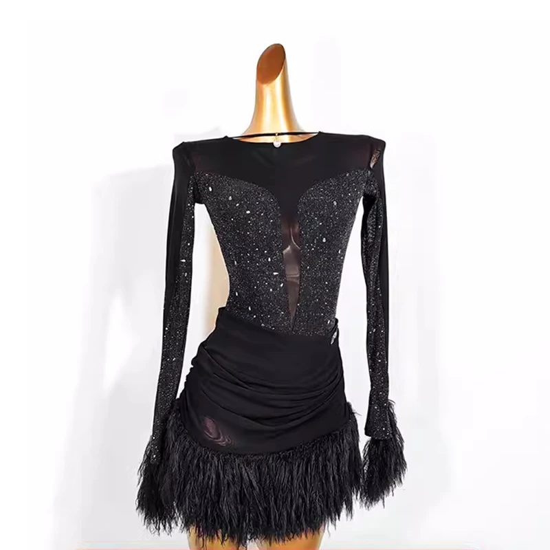 2025 New Latin Dance Competition Dress Women\'s Performance Tassel Ballroom Dress Long Sleeves Salsa  Clothes Rumba Practice Wear