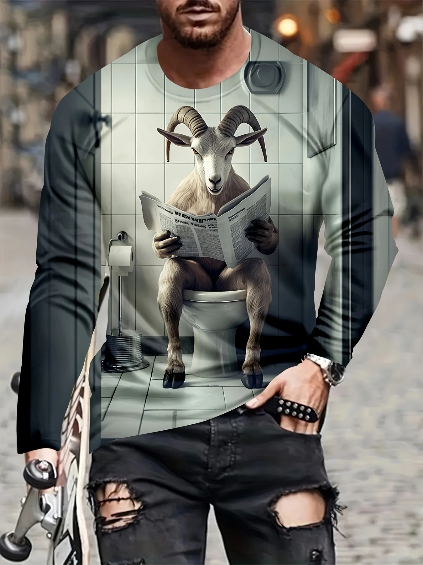 

2025 Fashion Trend sMen'S 3D Flame Rose Print Long Sleeve T-Shirt, Casual Sports Crew Neck Top, 2025