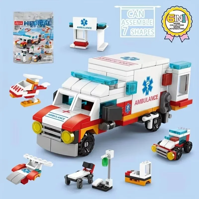 6in1 Ambulance Escort Car Helicopter Paramedic Doctor Mini Loader Truck Classic Model Building Blocks Sets Bricks Kids Toy City