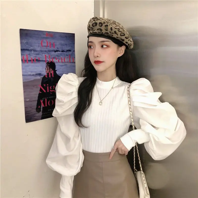 Lantern Sleeve Pullovers Women Long Sleeve Soft Temperament Harajuku Elegant Lady Spring Autumn All-match Mujer Korean Clothing