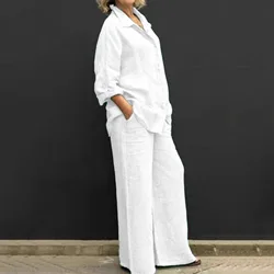 2024 Summer Casual Cotton Linen Suits with Pants for Women Shirt and Shorts Set Outfit Long Sleeve Ankle-Length Pants Tracksuit